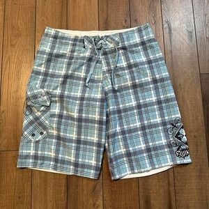 Y2K‎ quiksilver baby blue plaid swim trunks board shorts size 32